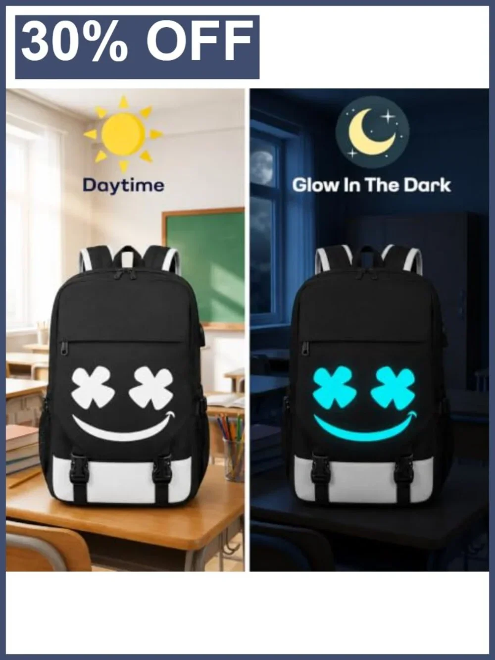 3-Piece Glow in the Dark Backpack Set with USB Port, Waterproof, School Kids